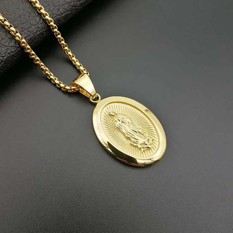 Virgin Mary Prayer Pendant Necklaces Gold Color 316L Stainless Steel with Rhinestone Women/Men Jewelry W250712