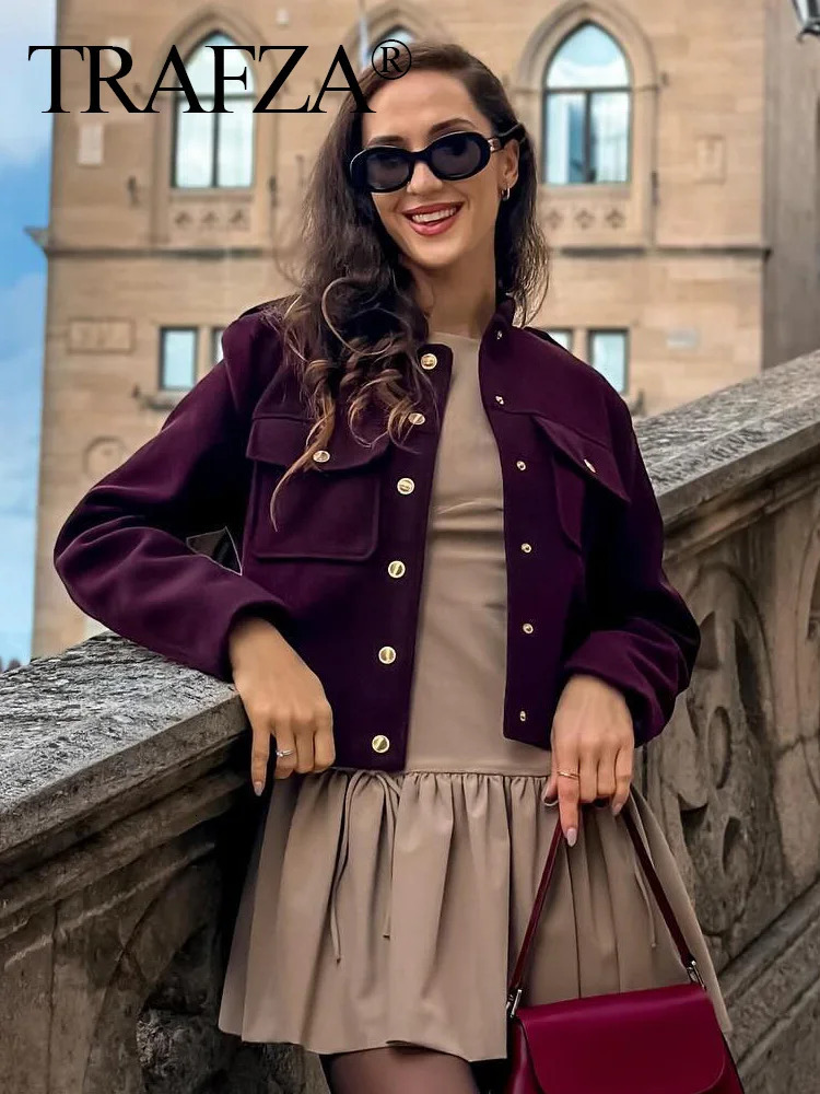 TRAFZA Fashion Women Soft Tweed Bomber Jacket O-Neck Long Sleeve Pockets Buttons Loose Woolen Coat Female Streetwear 250709