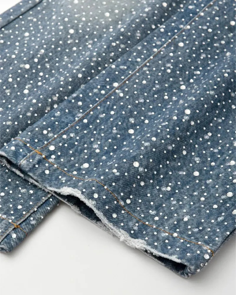Streetwear Vintage Glitter Jeans Y2K Mens Womens Hip Hop Rhinestone Sequins Retro Blue Baggy Jeans High Waist Wide Leg Trousers 250712
