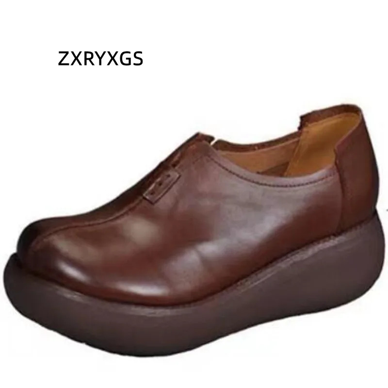 ZXRYXGS 2024 Autumn Round Toe Superior Genuine Leather Shoes Wedges Thick Sole Heightening Shoes Woman Non-slip High Heels 250707