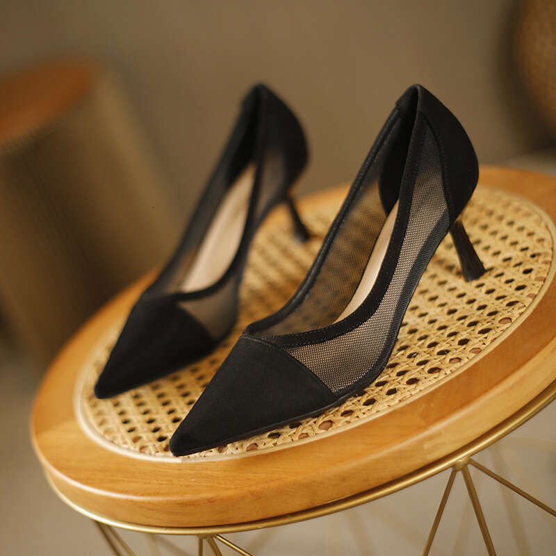 100-2 Breathable Mesh Lace Slip-On Pointed Toe Fashion Women's Simple Closed-Toe Mid-Heel Shoes