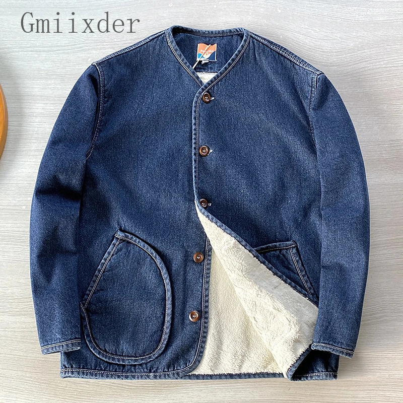 Gmiixder Heavy-duty Washed Jacket Composite Velvet Lining Autumn Winter Collarless Denim Padded Coats for Men Women for Couples 250710