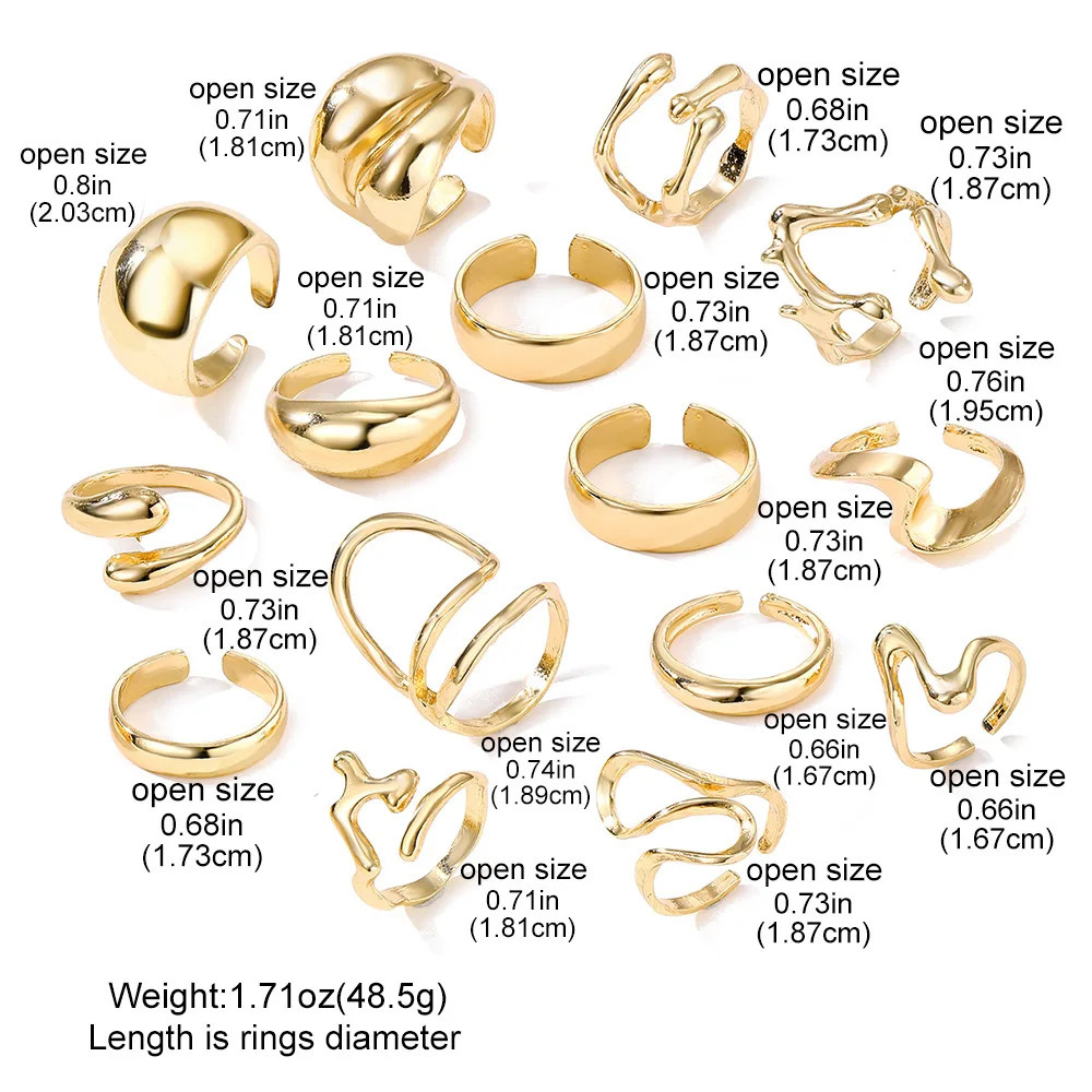 15Pcs/Set Exaggerated Metal Irregular Lines Water Droplet Smooth Rings for Women Men Punk Retro Boho Fashion Jewelry Gift 250708
