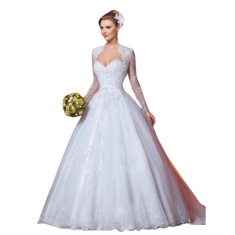 Vintage White A-Line Wedding Dresses With Jacket Lace Appliques Long Sleeves Bridal Gown court Train Vestidos De Novia Back Buttons