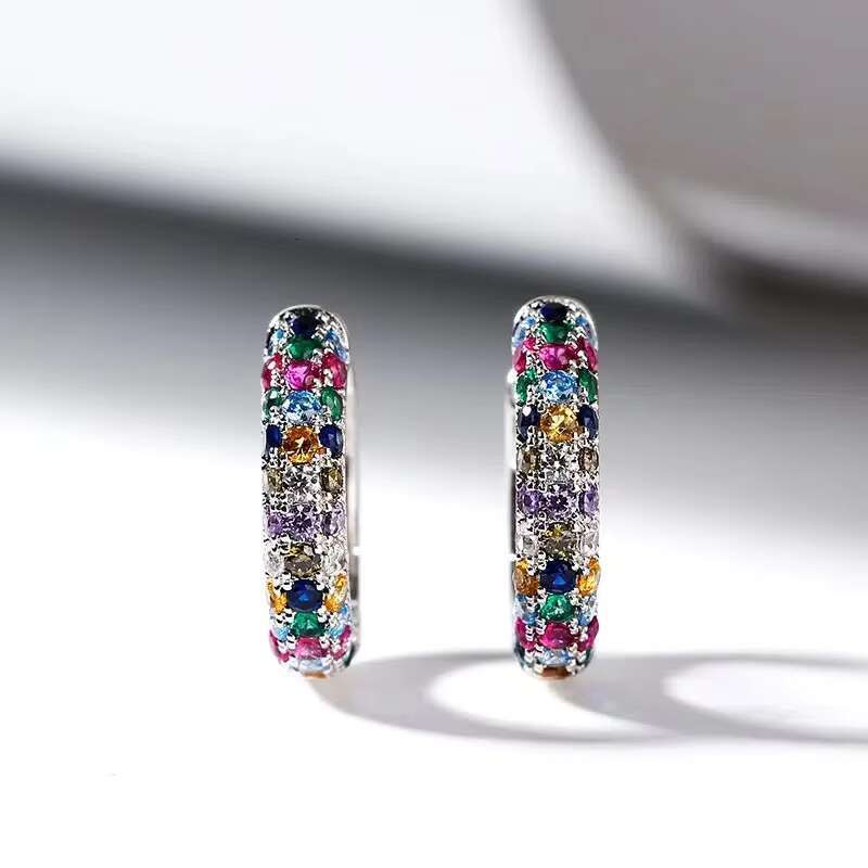 Dainty Full Paved Round Colorful Sparkling Cubic Zirconia Circle Earrings for Women Wedding Silver Plated Hoop Earrings