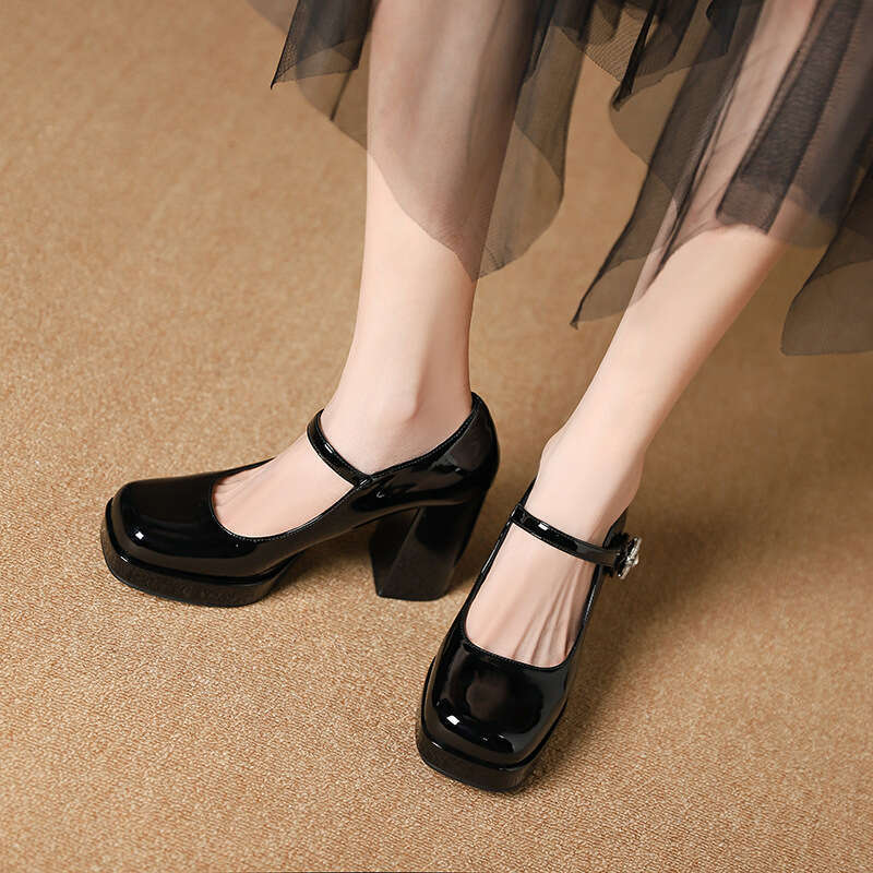 3359-15 French Style One-Strap Flower Buckle High Mary Jane for Women New Waterproof Platform Square Toe Chunky Heel Women's Shoes