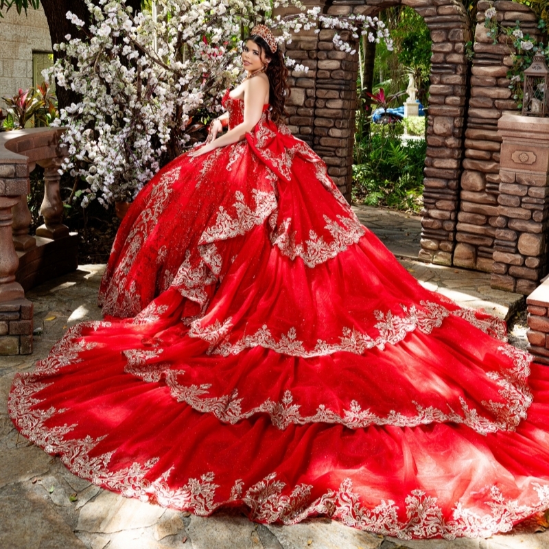 Red Shiny Quinceanera Dresses Ball Gown Off The Shoulder Applique Lace Beading Crystal Bow Tull Corset Party Birthday Sweet 16 Dress Vestidos 15 Anos