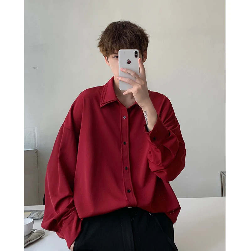 Long sleeve shirt men Double Collar Ice Silk Shirt Men Vintage Wine Red Shirts Men Korean Comfortable Blouse Casual Loose Shirt 250707