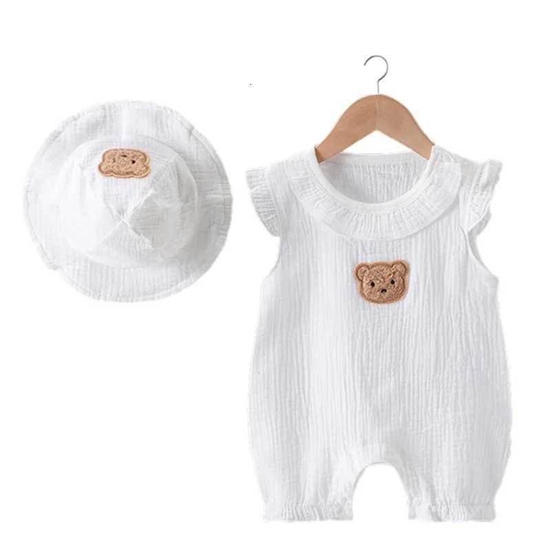 2025 Baby Romper Hat Set Summer Muslin Clothing for Boys Girls Bear Jumpsuit Flying Sleeves Infant Onesie 0-24 Months Z250712