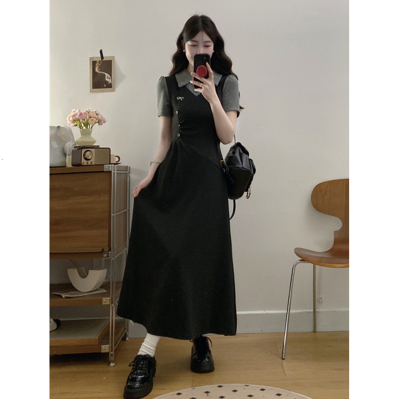2025 Summer dress new women's dress French fake two-piece set Polo collar dress new college style slim and elegant long dress new designer luxury