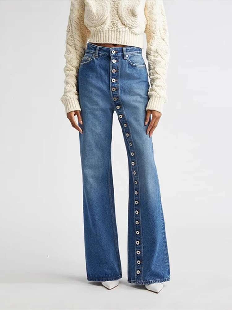 Multi-Breasted Washed Women Jeans Wide Leg High Waist Lady Pants 2025 Fashion Spring All Match Highstreet Design Female Trousers