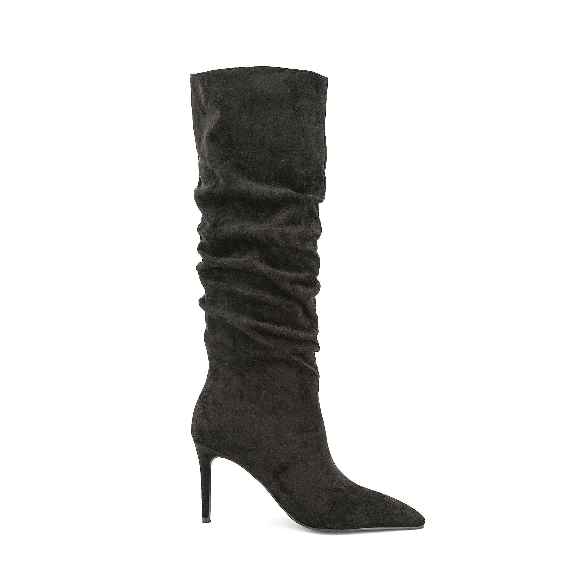 Women's Crinkled Knee High Boots - Pointed Toe Stiletto Heel Faux Fur Lined Fashion Boots
