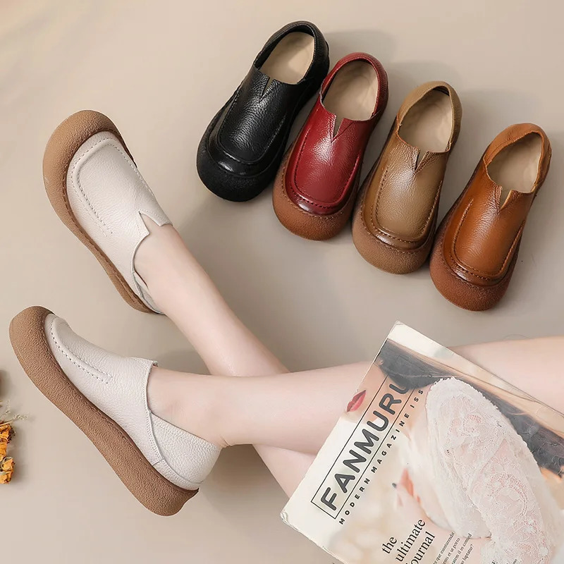 V cut cowhide leather flats ladies concise slip on shoes womens orthopedic loafers mother soft driving moccasin woman flats 250707