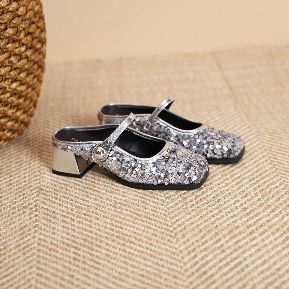 T8-17 French Style Silver One-Strap Mid-Heel Mary Jane New Shallow Mouth Square Toe Chunky Heel Women's Shoes