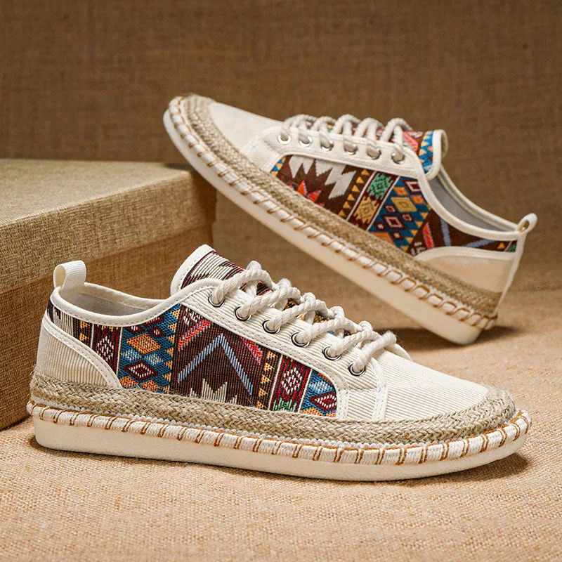 Ethnic Print Mens Fisherman Shoes Comfortable Breathable Men Canvas Shoes Lace-Up Flat Casual Shoes For Men Espadrilles Hommes 250712