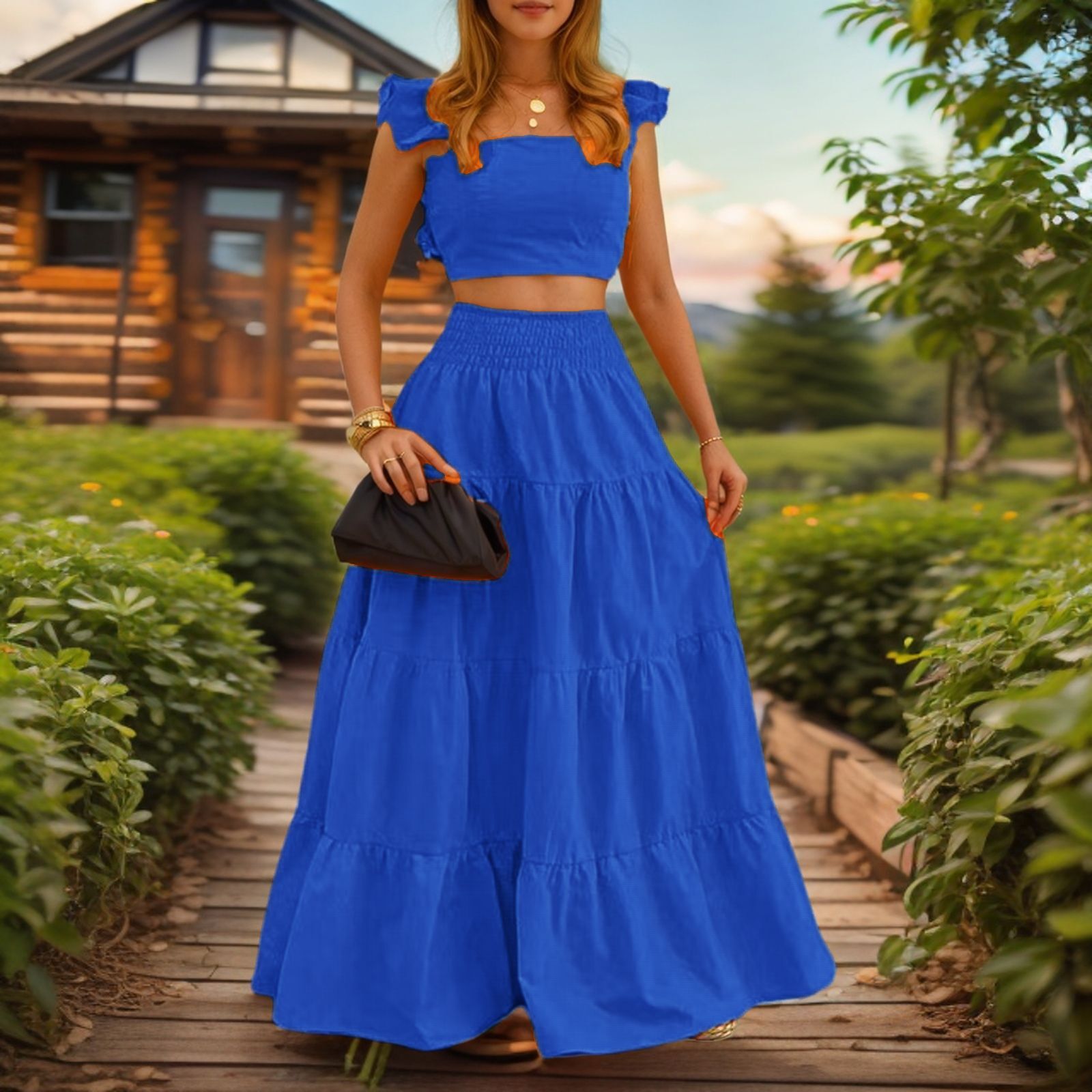 2025 Summer New Women's Skirt Solid Color Sexy Style Ruffle French Strap Skirt Two piece Fashion Women's Skirt New Luxury Designer Women