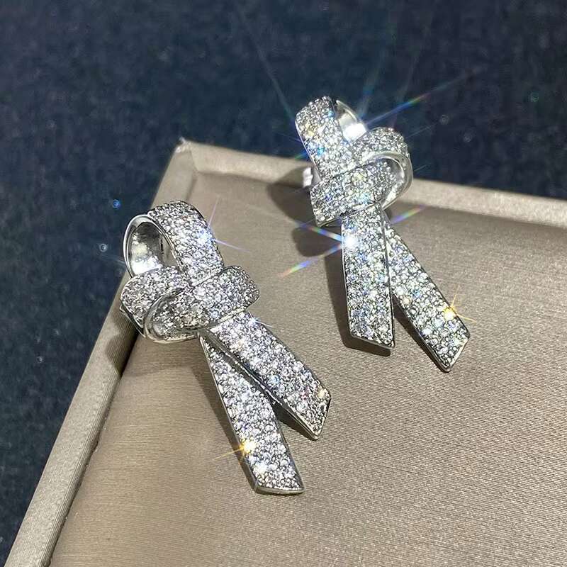 Trendy Bow Design Full Paved Simulate Moissanite Earrings for Wedding Engagement Silver Plated CZ Stud Earrings Women