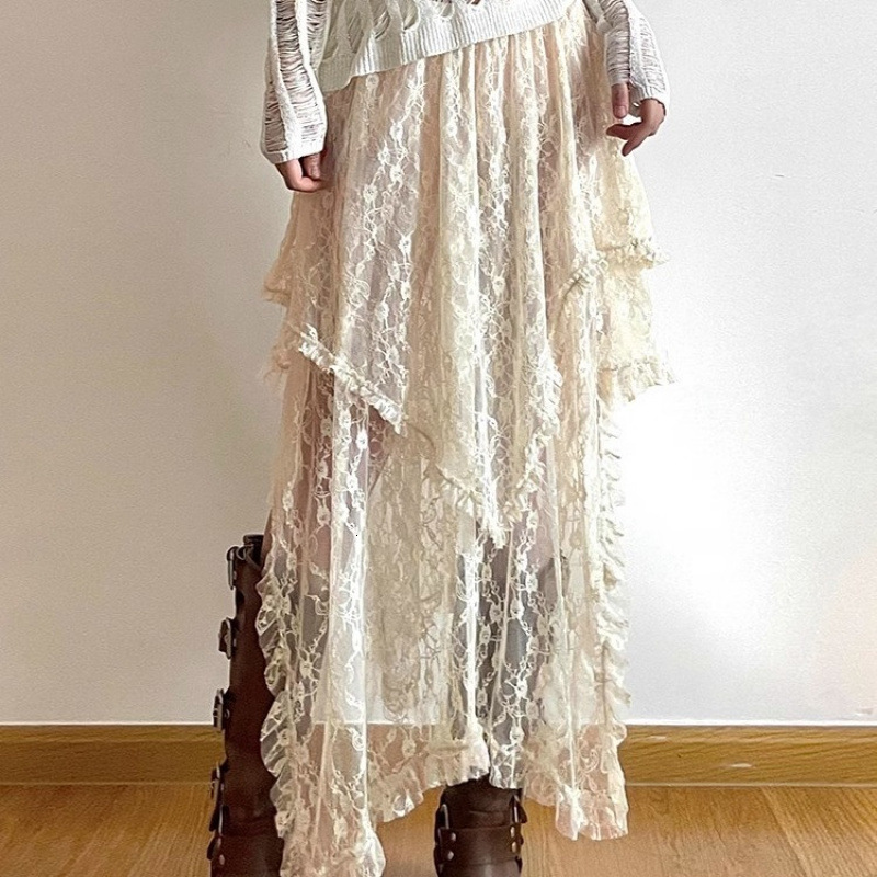 2025 Summer dress new women's skirt new French elegant apricot lace half skirt winter irregular high waisted skirt new luxury designer women'