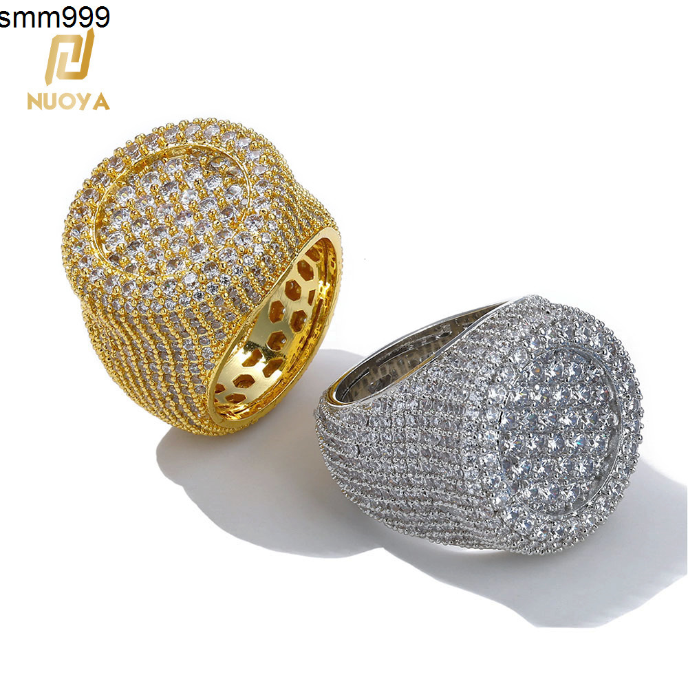 NUOYA Wholesale Iced Out Big Round Ring Luxury Full Diamond Signet Ring Hip Hop Style Bling Cubic Zirconia Jewelry Men Women