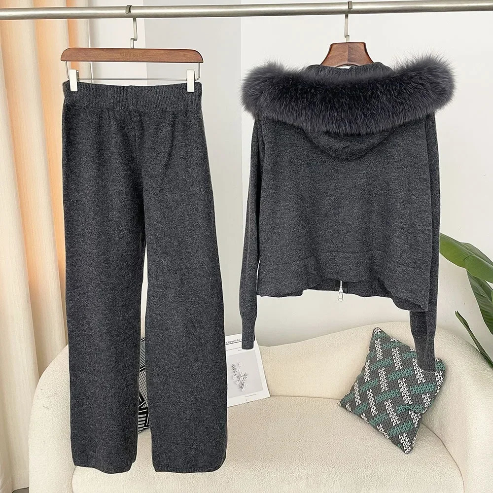 Knitwear Autumn and Winter Fashionable Sweater Suit Women Trousers Hooded Jacket with Detachable Fox Fur Collar Fur Coat 250708