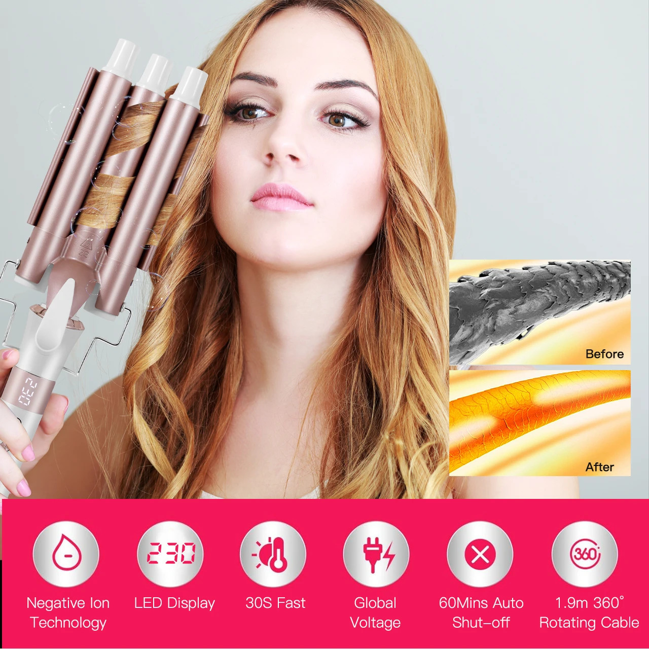 Hatteker Professional Hair Curling Iron Ceramic Triple Barrel Waver Electric Hair Styling Tool for Versatile Curls And Waves EU 250712
