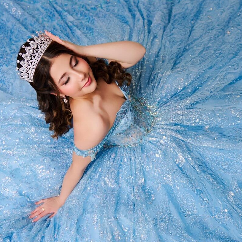 Sky Blue Shiny Quinceanera Dresses Ball Gown Off The Shoulder Sequin Applique Lace Beads Tull Corset Party Birthday Sweet 16 Dress Vestidos 15 De Anos