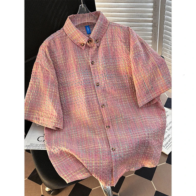 Short Sleeve Shirt Men Japanese Retro Summer Casual Loose Solid Plaid Coats Versatile Seersucker Ice Silk Tops 250707