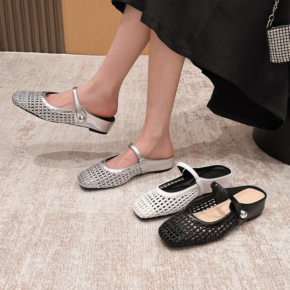 796-19 Square Toe Woven Hollow Breathable Hidden Heel Backless Single for Women Spring Summer One Strap Casual Flat Shoes