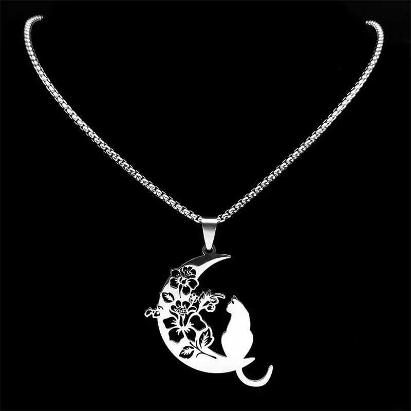 3220 Aesthetic Cat Flower Moon Crescent Necklace for Women Men Stainless Steel Silver Color Bohemian Chain Gift Jewelry Necklace W250712