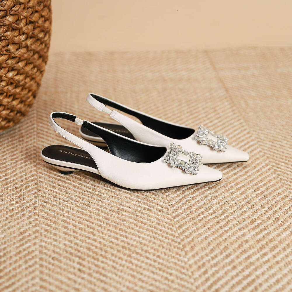 139-6 Sparkling Diamond Pointed Low Heel Spring Summer New French Style Shallow Mouth Square Buckle Backless Flat Single Women's Shoes
