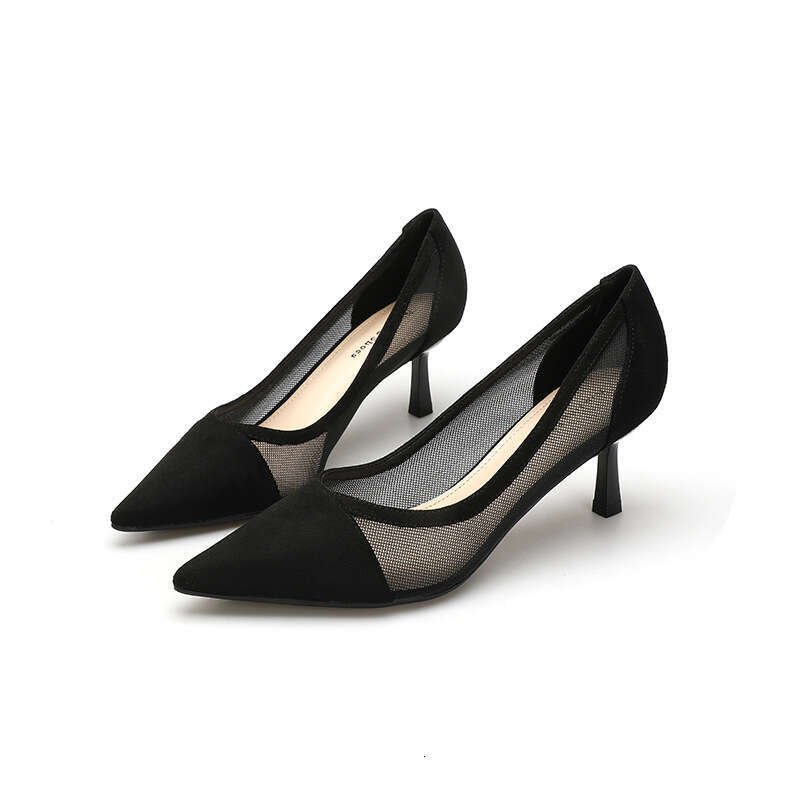100-2 Breathable Mesh Lace Slip-On Pointed Toe Fashion Women's Simple Closed-Toe Mid-Heel Shoes