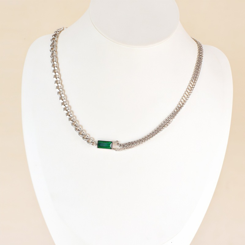 Luxury Jewelry Designer Jewelry Korean Fashion High-end Square Emerald Zircon Double Layer Necklace Simple Chain Double Chain Clavicle Chain