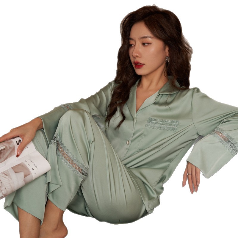 X199-25 Spring and summer ice silk pajamas outer wear double lace simple long-sleeved trousers pajamas ladies home clothes suit