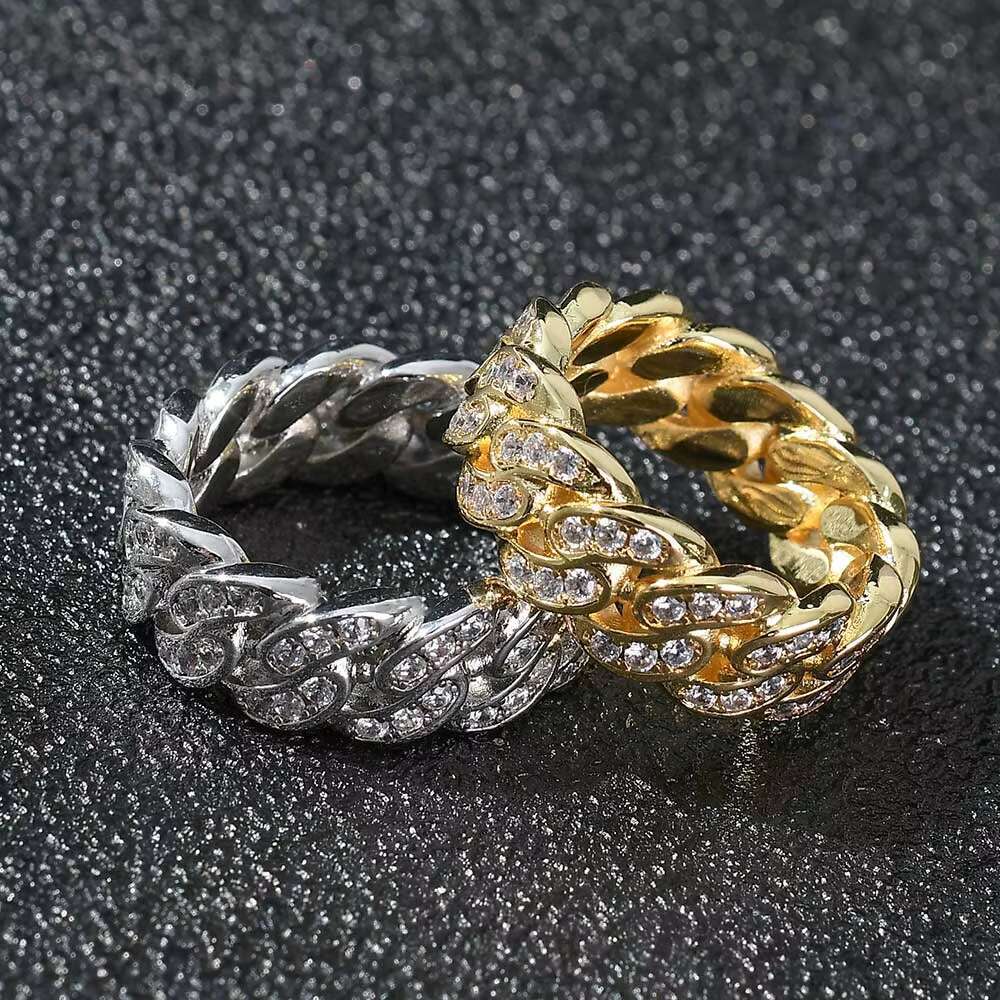 NUOYA Mens White Gold Plated 925 Sterling Silver Hip Hop Iced Out Moissanite Cuban Link Ring for Wedding and Party Fine Jewelry