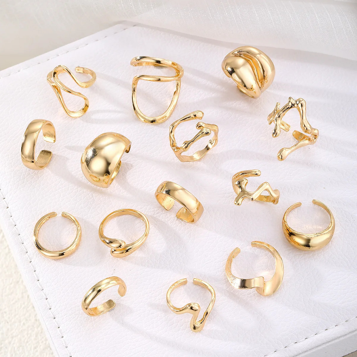 15Pcs/Set Exaggerated Metal Irregular Lines Water Droplet Smooth Rings for Women Men Punk Retro Boho Fashion Jewelry Gift 250708