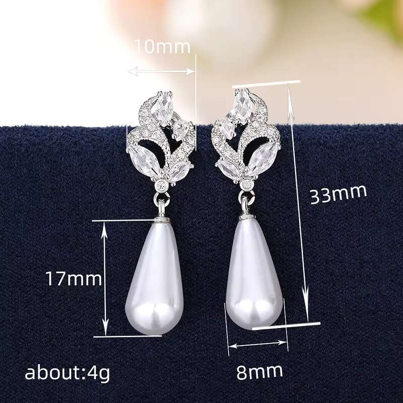 Simple Womens Waterdrop Imitated Pearl Cubic Zirconia Earrings for Wedding Fashion Party Drop Earrings Bridal