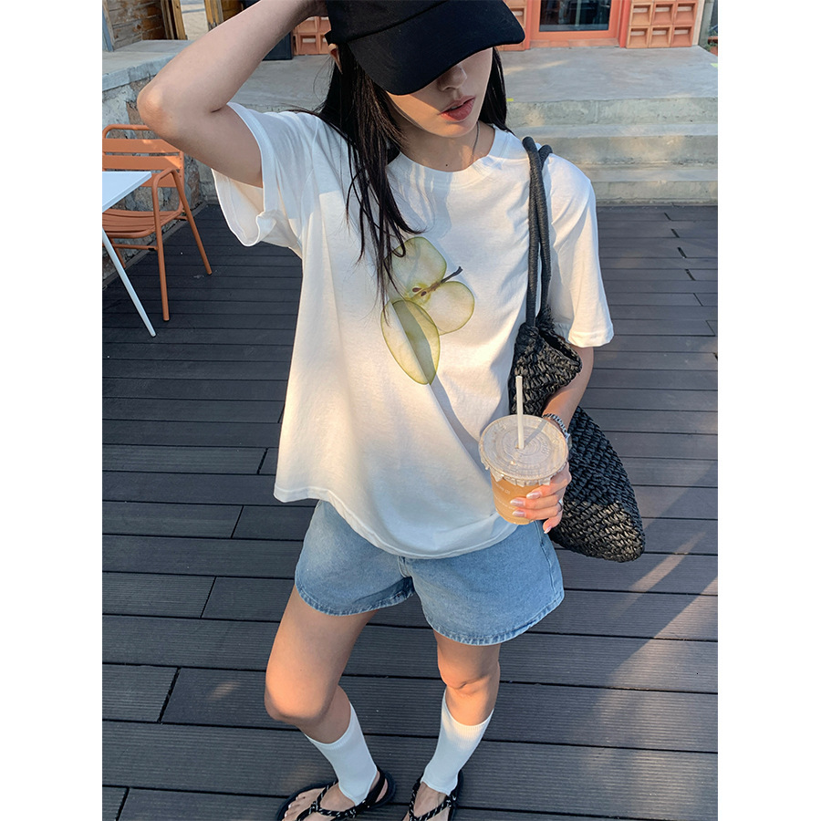 New Women's Top Yellow Zheng Korean Summer Fun Personality Short Sleeve T-shirt with Simple Apple Print Pattern and Off Shoulder Design shirt