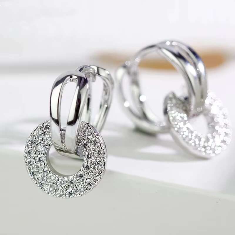 Dazzling Double Circle Linked Earrings for Luxury Women Silver Color/Gold Color Fashion Cubic Zirconia Bridal Earrings