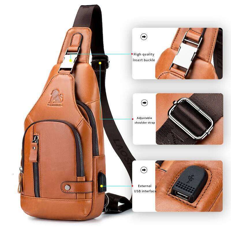 New 100% Genuine Leather Chest Bag Fashion Style Casual Crossbody Bags With USB Large Capacity Men's shoulder bag