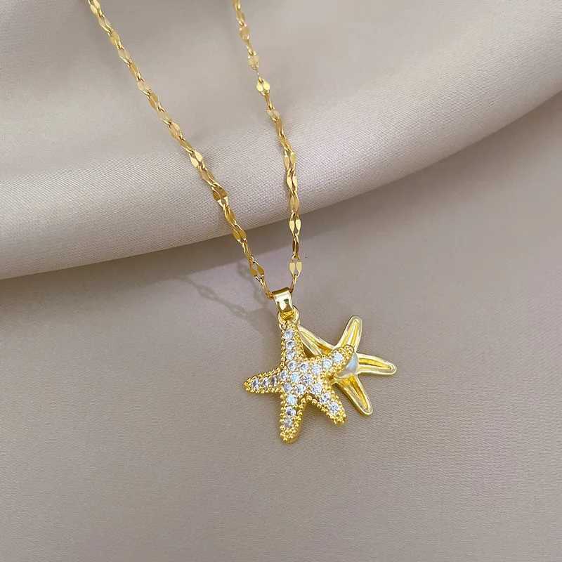 Stylish and Attractive Titanium Steel Necklace with Copper Micro-inlay Featuring Starfish Pendant and Zircon W250712