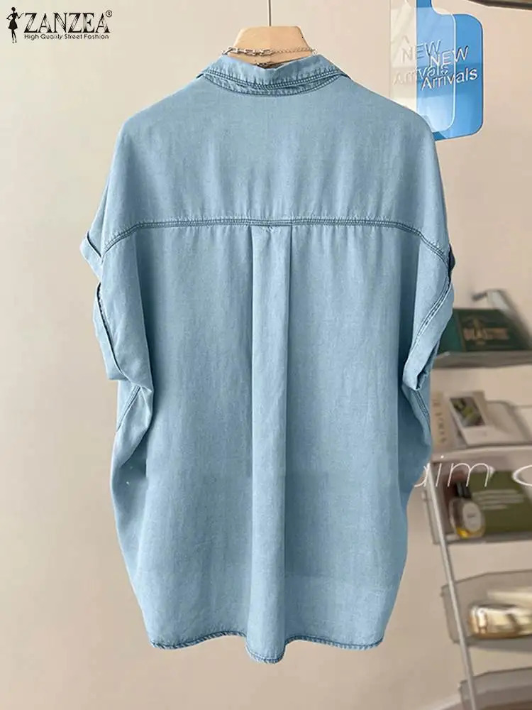ZANZEA Women Demin Blue Blouse 2024 Elegant Short Sleeve Casual Solid Loose Tops Tees Summer Button Up Lapel Oversized Blusas 250704