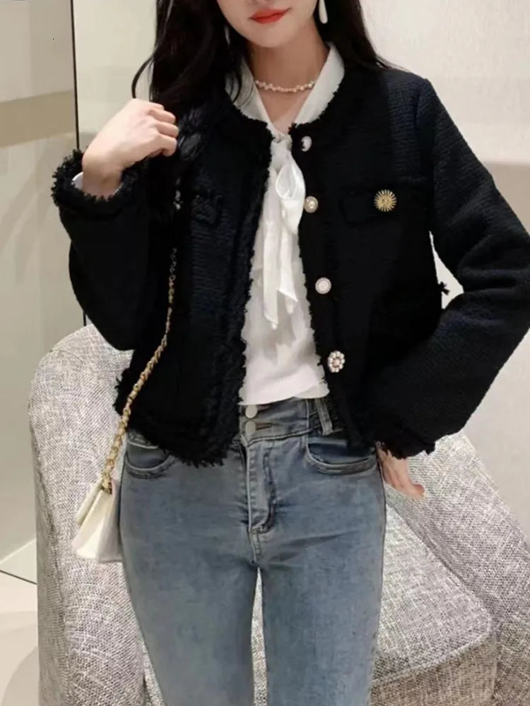 HMA Korea Chic Elegant Tweed Jacket Woman Fall Button Up O-Neck Tassel Coat Female Full Sleeve OL Jacket 250709