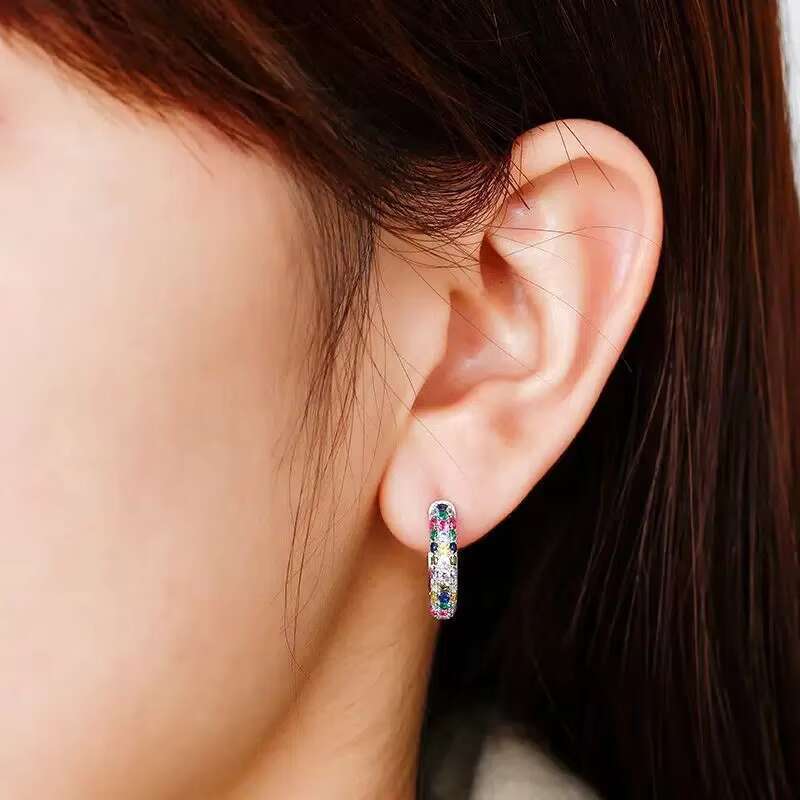 Dainty Full Paved Round Colorful Sparkling Cubic Zirconia Circle Earrings for Women Wedding Silver Plated Hoop Earrings