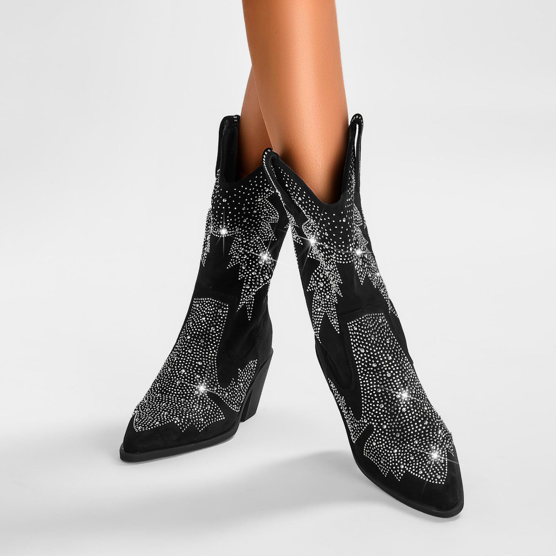 Women's Western Rhinestone Ankle Boots - Pointed Toe Block Heel Suede Fashion Booties