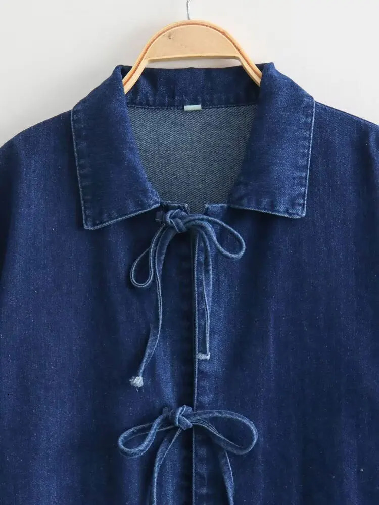 TELLHONEY Women Fashion Lapel Collar Lace Up Blouses Female Casual Long Sleeves With Pockets Solid Denim Outerwear 250704