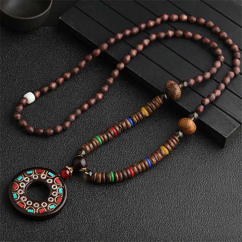 Unisex Handmade Nepal Buddhist Mala Wood Beads Pendant Necklace Boho Style Ethnic Long Pendant Mens Lucky Jewelry W250712