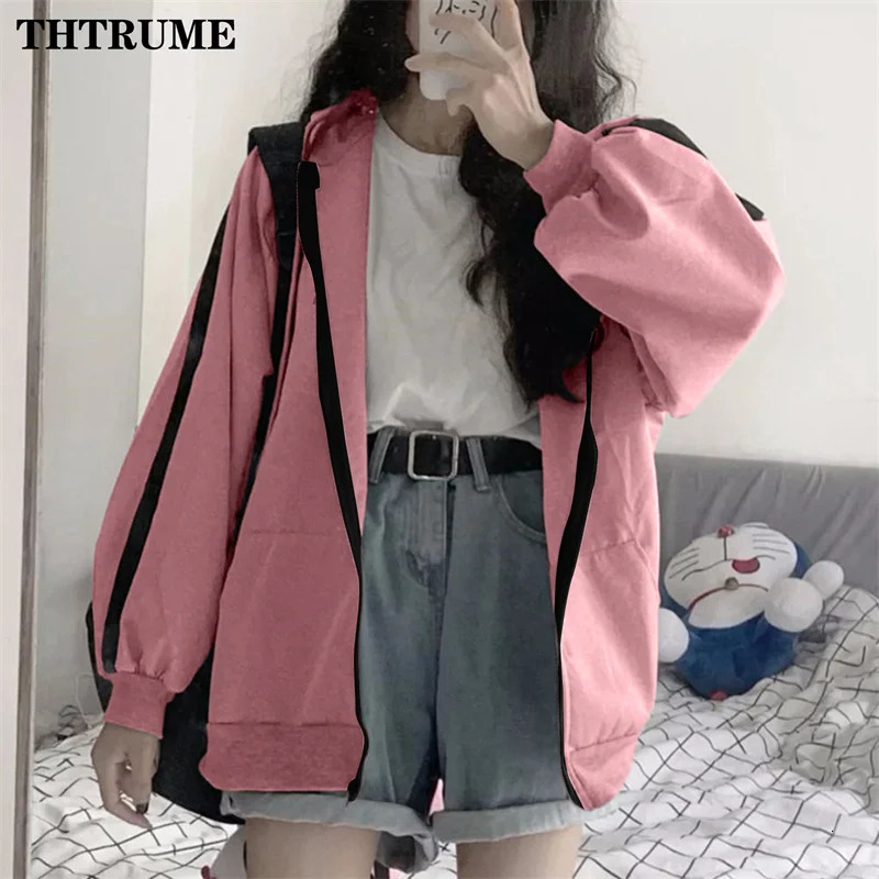 Harajuku Vintage Korean Hoodies Fashion Women Y2K Zipper Long Sleeve Oversized Streetwear Tops Casual Office Lady Sweatshirts 250707