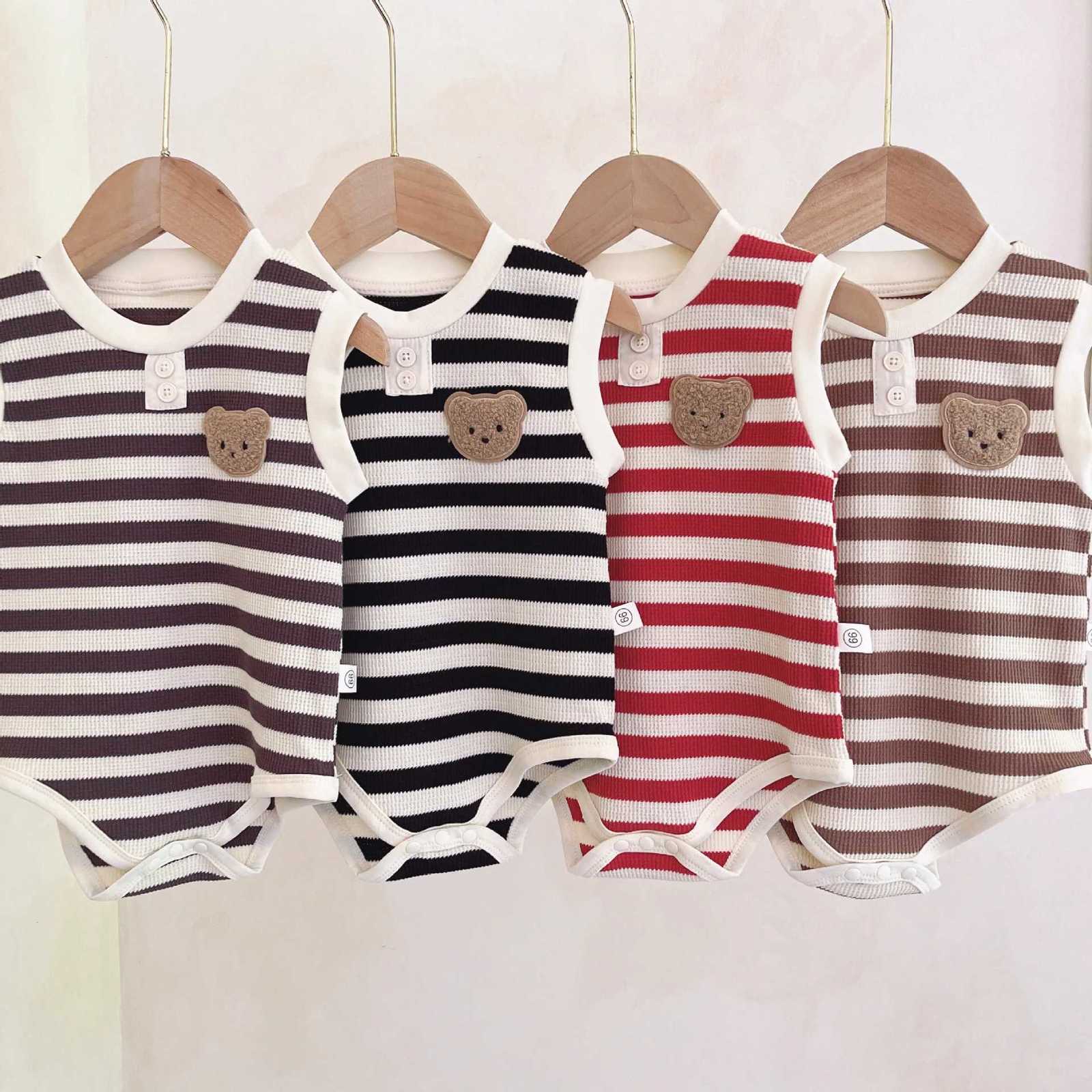 Baby Boy Girl Striped Bear Romper Ribbed Sleeveless Bodysuit Jumpsuit Infant Knitted Outfits Clothes Z250712