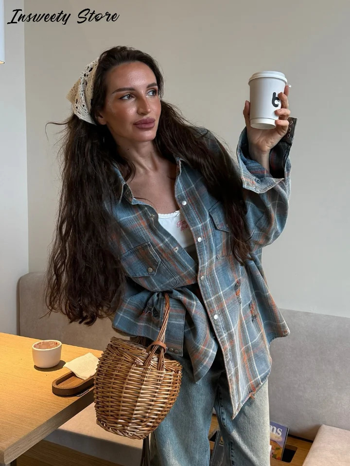 Denim Plaid Shirt Coat Womens Loose Single Breasted Turndown Collar Full Sleeve Tops 2025 Spring Ladies Fashion Streetwear 250704