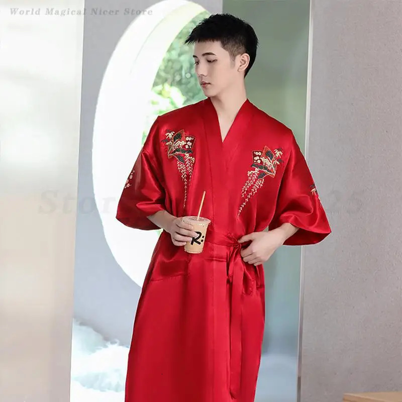 Mens Kimono Bathrobe Spring Summer Satin Sleepwear Loose Comfortable Male Nightwear Home Clothes Mid Length Casual Robe Pajama 250710